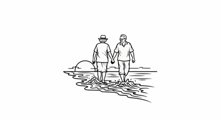 Obraz premium Couple walking in waves at sunset