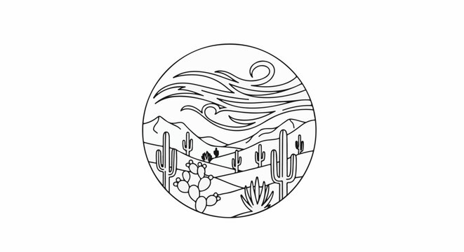 Circular desert landscape with cacti, mountains, and swirling wind pattern
