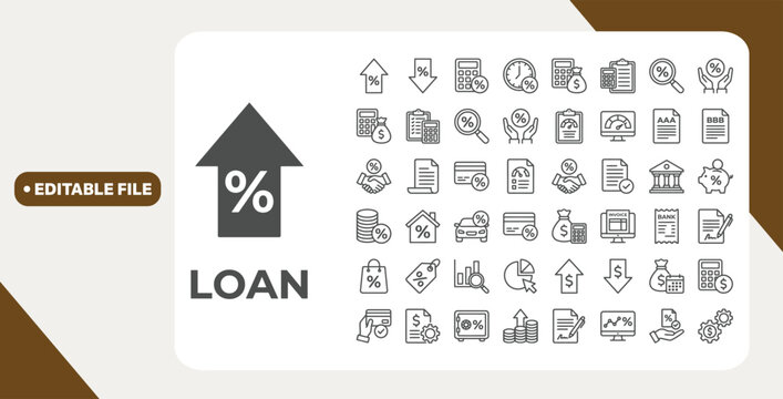 Loan and Credit web icons in line style. Credit card, deposit, car leasing, rate interest, calculator, income, rating, collection. Editable stroke. Vector illustration.
