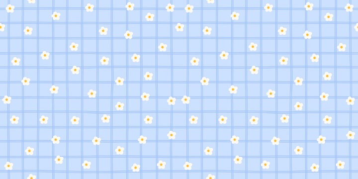 Spring cute check plaid daisy and pastel flower seamless pattern. Gingham for soft and floral background summertime graphic. Square daisies and checkered blooms through kawaii style.