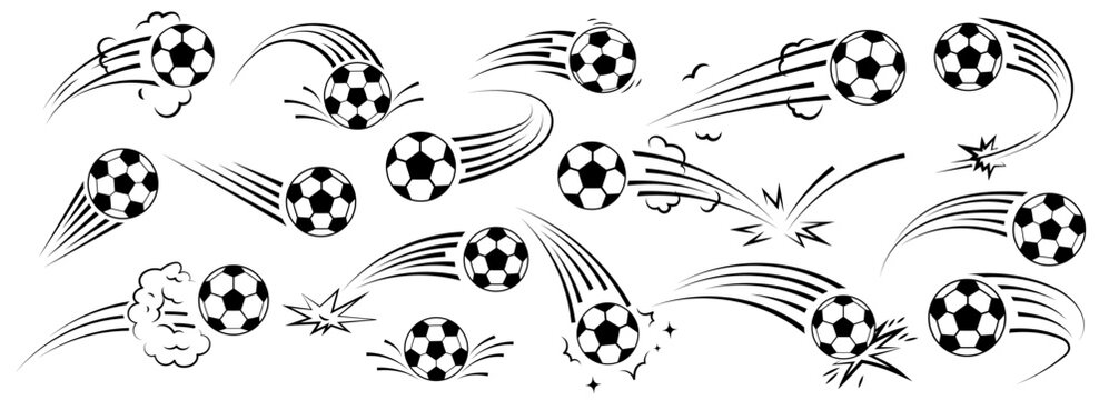 Soccer ball football vector and logo illustration for sport. Football set design of flying foot motion in white abstract black element flat league play
