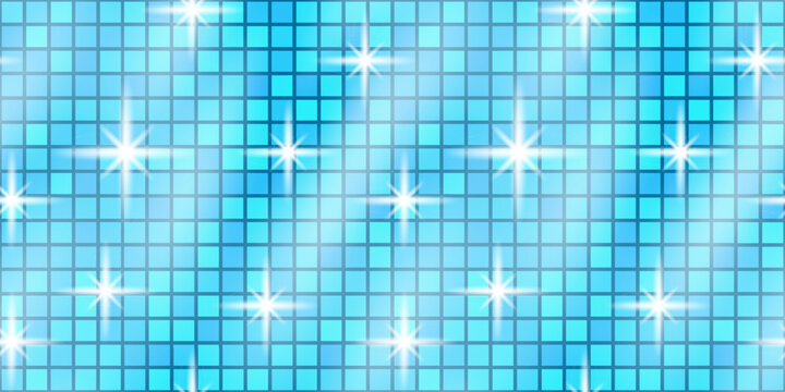 Disco blue sequin and background glitter texture with backdrop purple glam. Dance tile pattern and ball party seamless with mosaic retro sparkle. Floor disco bg and iridescent background shiny.