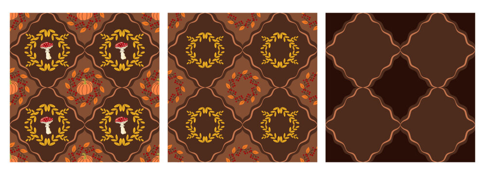 Pattern cute mushroom and forest motif for kids with autumn. Print and seamless fall background witch and cottagecore border. Fun textile from nature plus boho and vintage style.