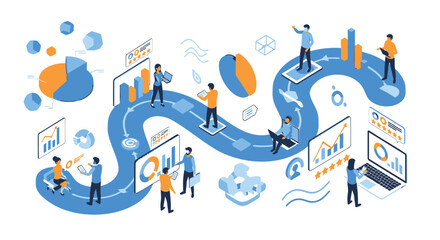 Naklejka premium Business infographic, data analysis, workflow optimization, people on road map
