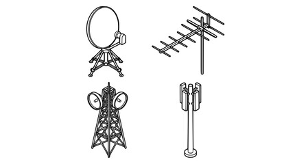 Naklejka premium Collection of communication transmission towers and various antenna vector icons