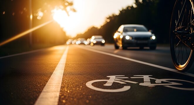 Bicycle lane on a road with cars driving by at sunset, bike path with vehicle traffic in the background