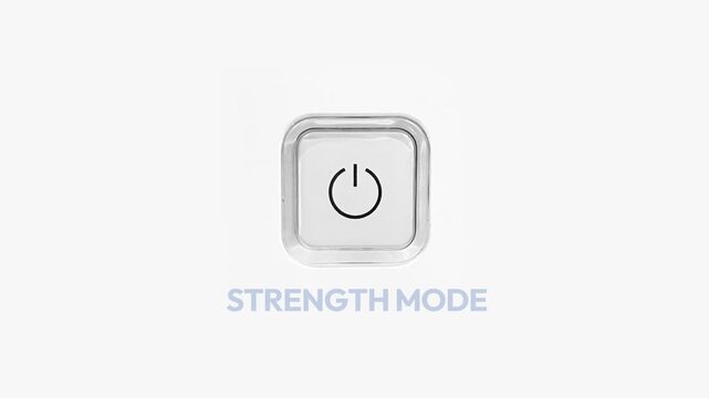 Power button icon with strength mode text for technology motivation and empowerment themes on white background