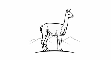 Fototapeta premium A black and white sketch of a vicuña standing on a hill