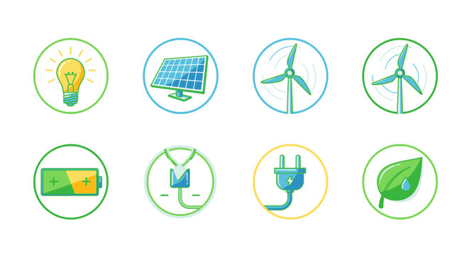 Energy icons representing renewable sources and sustainable technologies in circles