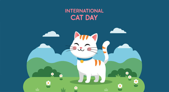 Smiling cartoon cat waving on a sunny meadow with flowers and hills on International Cat Day