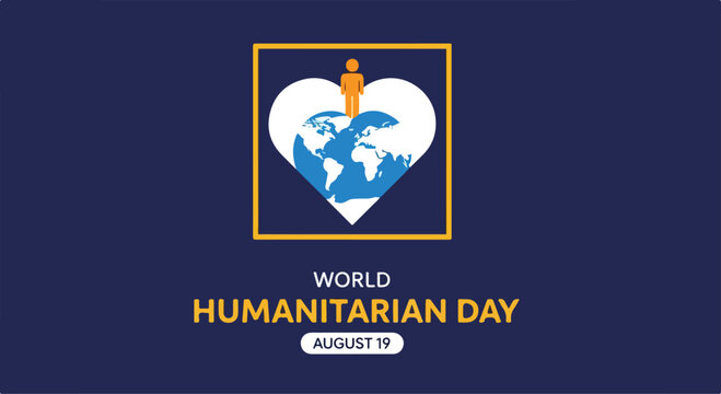 World Humanitarian Day poster with heart and globe design on blue background