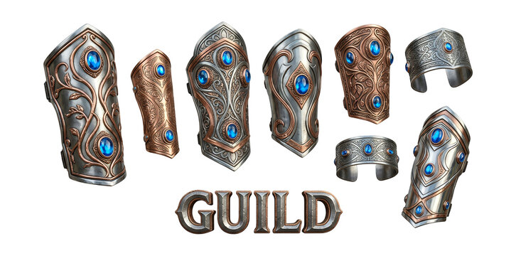 Ornate fantasy elven bracers and wrist armor with metallic vine etchings and blue gems