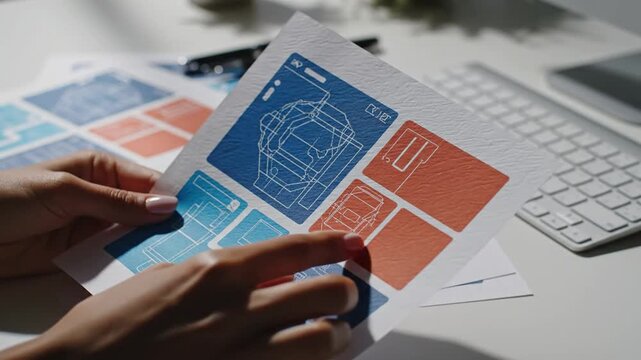 Hands holding blueprint drawings and UI UX design sketches for web or app development