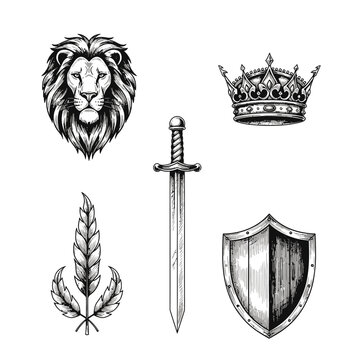 Heraldic elements collection illustration lion crown sword shield wheat vector art