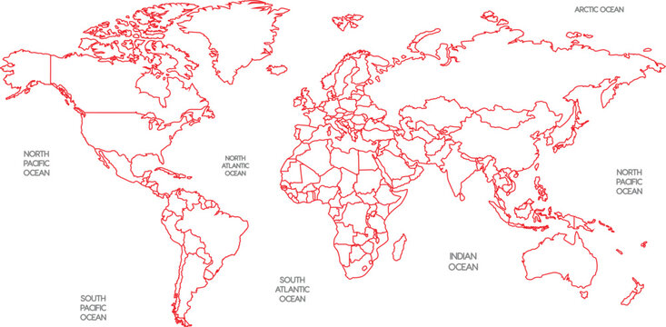 Simple Red Outline World Map with Country Borders and City Labels