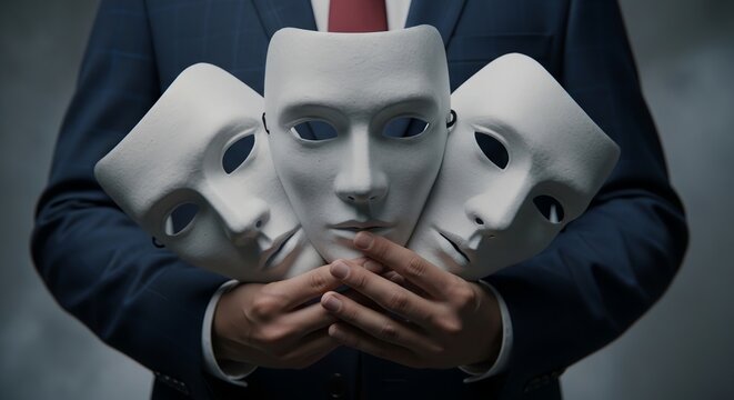 A person in a dark suit holds three blank white masks, representing complex identities, hidden emotions, and the struggle for authenticity in professional and personal life