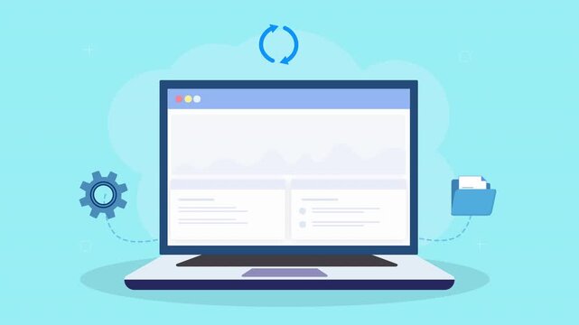 Animated laptop displaying file management dashboard with folder icons, system settings, and workflow elements in clean flat design on teal background.