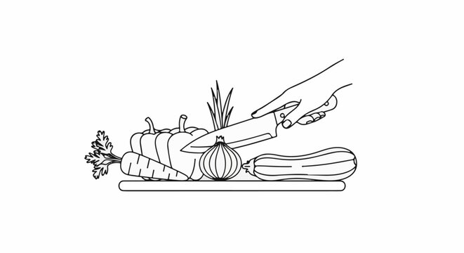 Hand with knife slicing vegetables on cutting board