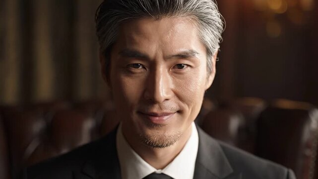 Close-up portrait of a man in formal attire with a confident smile, illuminated by warm lighting in a luxurious interior setting