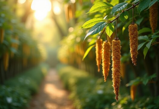 Hedge of Hazel Trees Adorned with Dangling Catkin Flowers in a Lush Green Enclosure
