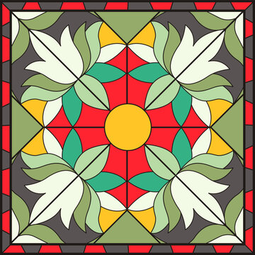 Stained glass pattern. Decorative mosaic tile church window, floral design flat vector illustration set. Abstract glass mosaic frame