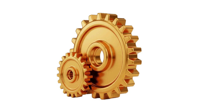 Vector illustration&nbsp;of two golden gears meshing together representing teamwork and mechanical engineering on a transparent background