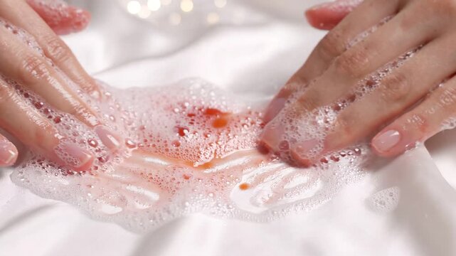 Hands scrubbing a soapy stain from a white fabric surface, showcasing vibrant colors and foam during the cleaning process