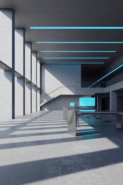 Brutalist tech hub office with cyan accents &ndash; Great for software companies, engineering firms, or future office concepts.