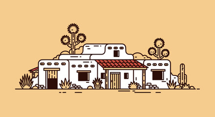 Naklejka premium Traditional Mexican Hacienda Vector Illustration in Desert Setting