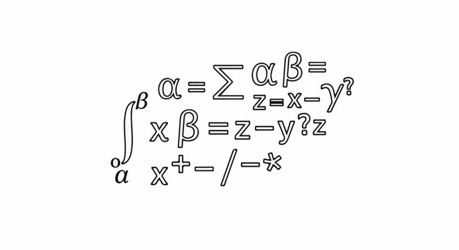 Outlined mathematical equations and symbols in a scattered arrangement