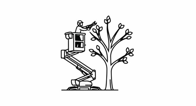 Person in lift pruning tree with shears