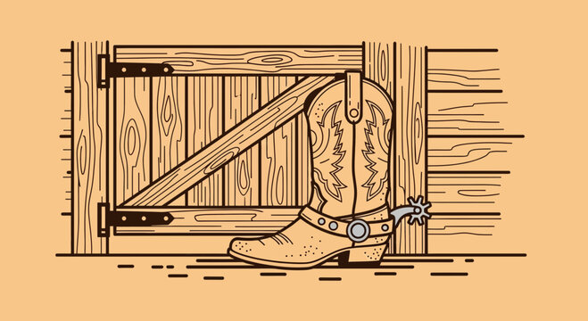 Vintage cowboy boot with spur against a wooden barn door illustration