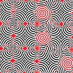 Fototapeta premium Abstract geometric pattern with spiral motifs in black, white, and red