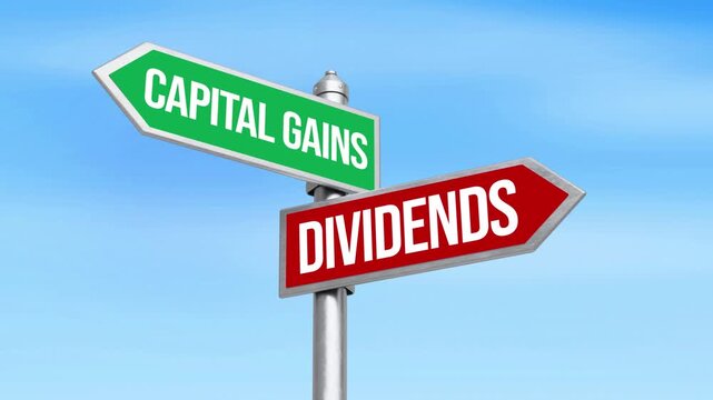 Signpost illustrating capital gains and dividends investment options for financial decision-making strategy