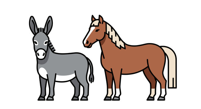 Cartoon donkey and horse standing side by side with white background