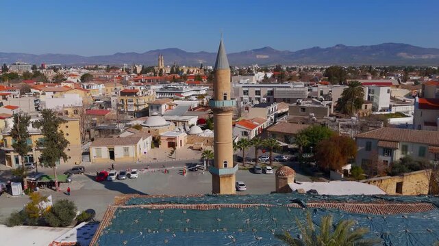 Drone Orbit of Ancient Omeriye Mosque Minaret Tower in Historic Nicosia Walled City