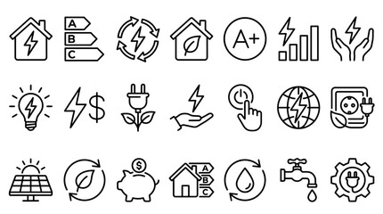 Collection of line icons representing sustainable energy eco friendliness and resource management concepts © Anisur Rahman