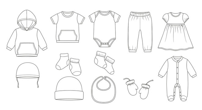 Outlined baby clothing set illustration vector design for fashion