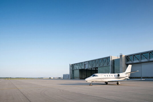 Business jet parked on airport apron near hangar with copy space
