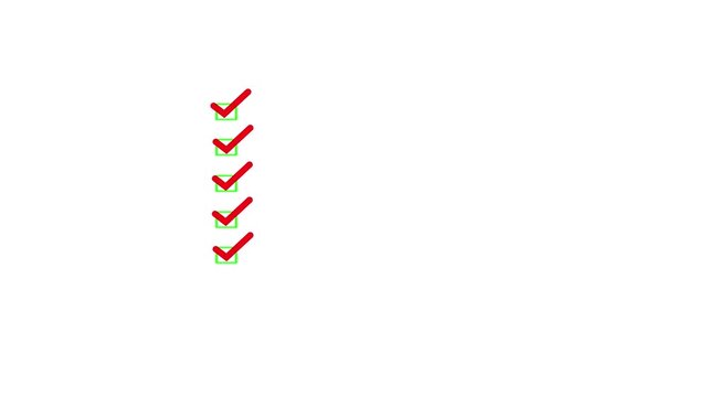 Animated checklist with green check marks in square boxes. Task completion animation. Alpha channel. Perfect for productivity, to-do lists, goals, workflow, and success presentations or apps.