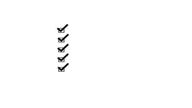 Animated checklist with green check marks in square boxes. Task completion animation. Alpha channel. Perfect for productivity, to-do lists, goals, workflow, and success presentations or apps.