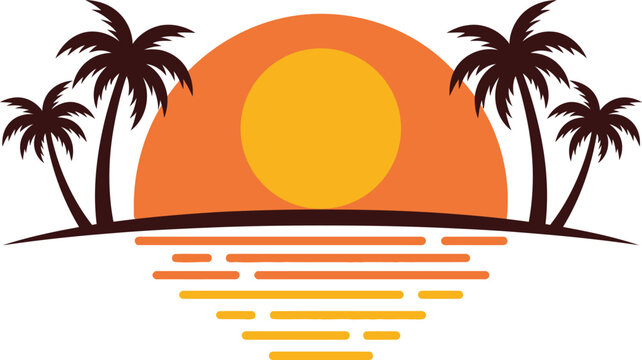 sunset palm coconut tree beach vector logo design