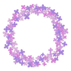 Naklejka premium Lilac purple single flowers syringa blossom vector circle frame on white background. Holiday banner or Mother's Day greeting card element. Cute spring lilac flowers, violet syringa blossom round borde