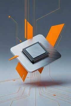Floating microchip with orange tech accents &ndash; Perfect for innovation, electronic design, or high-tech manufacturing.