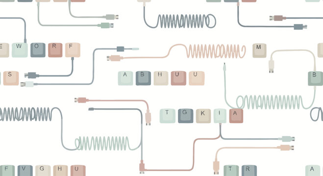 Retro Computer Keyboard Keys and Cables Seamless Pattern Background