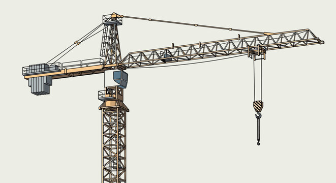 Industrial tower crane stands tall against a pale background for construction and heavy lifting operations in urban development.