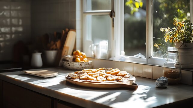 Crispy almond tuiles with caramel glaze delicate and minimalist aesthetic kitchen counter near window