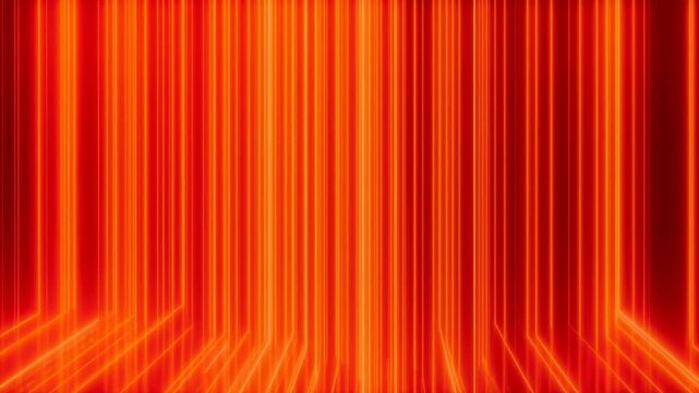 Tracking shot of glowing vertical neon lines descending inside abstract digital tunnel with chevron floor pattern