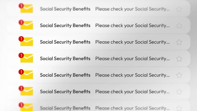Social security benefits notification email alert concept with unread icons and star symbols 4k animation