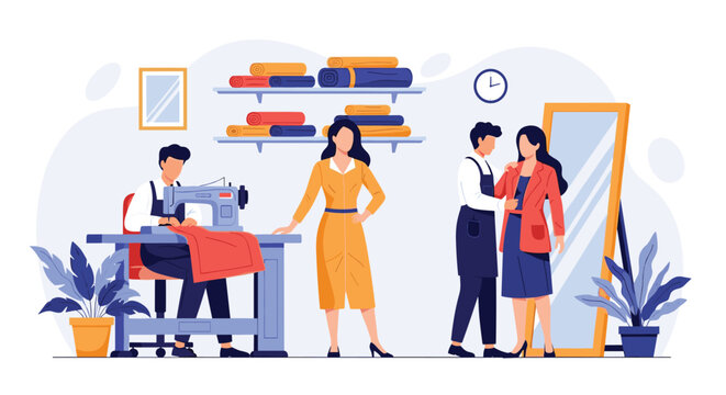 Busy tailor shop interior with professional workers sewing fabric and fitting garments for clients in a modern fashion studio.